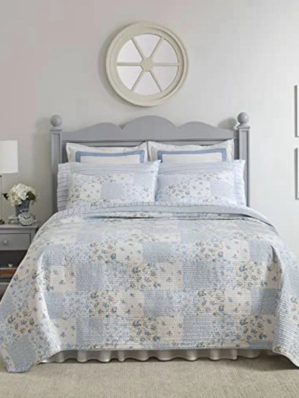 Laura Ashley Light Blue Floral Patchwork Quilt Set - Classic Home Bedding Queen
